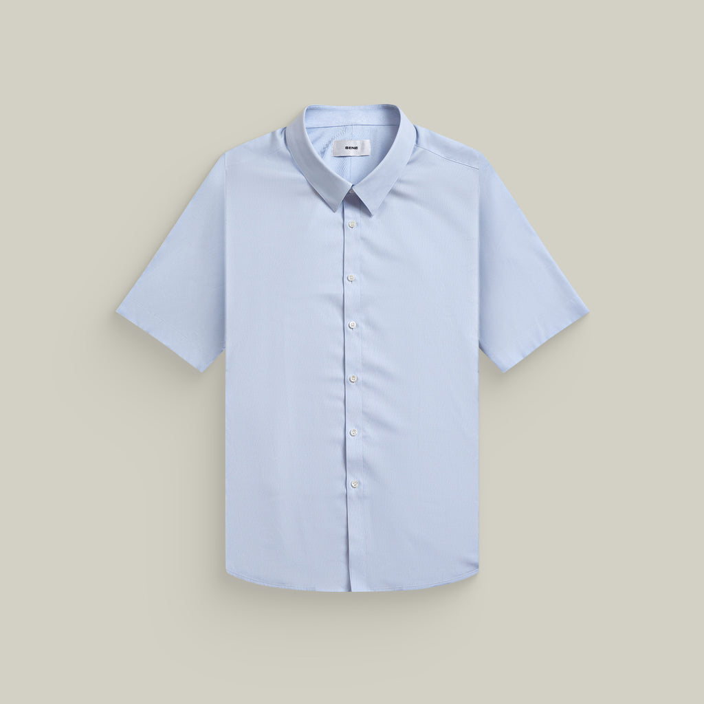 Bamboo Short Sleeve Button-Up Shirt model Tyler in Pacific Mini Stripe