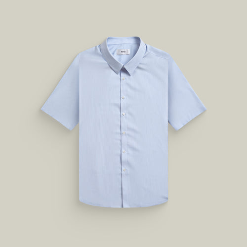 Bamboo Short Sleeve Button-Up Shirt model Tyler in Pacific Mini Stripe