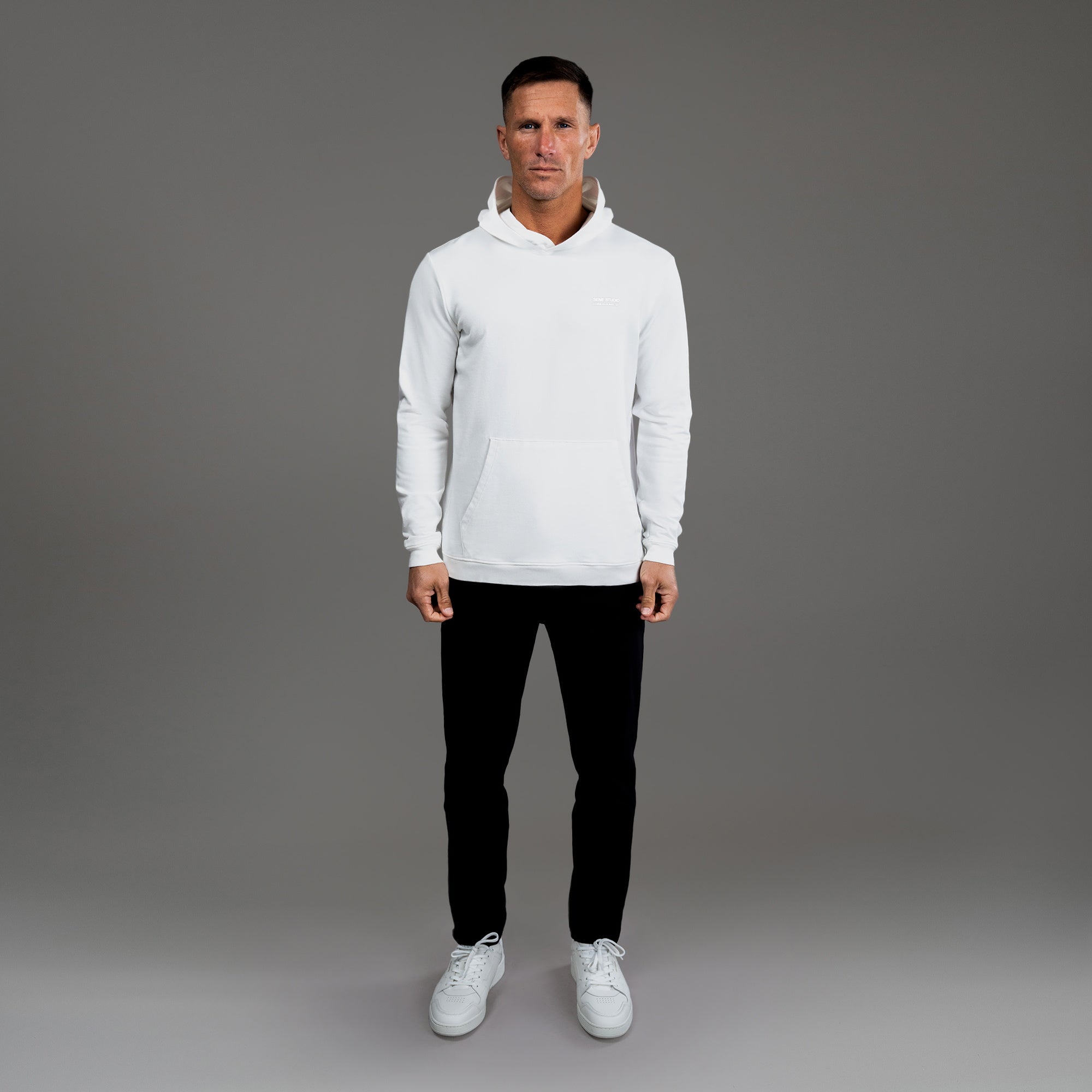 men's custom hoodie model Tyler in White