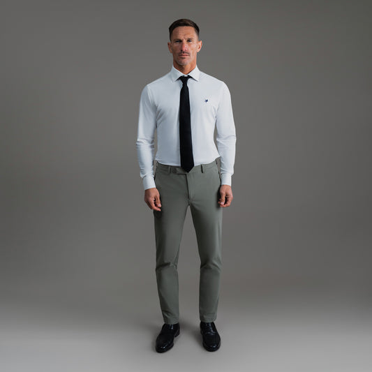bespoke custom trousers pant chino performance technical model Tyler in Sage Gray