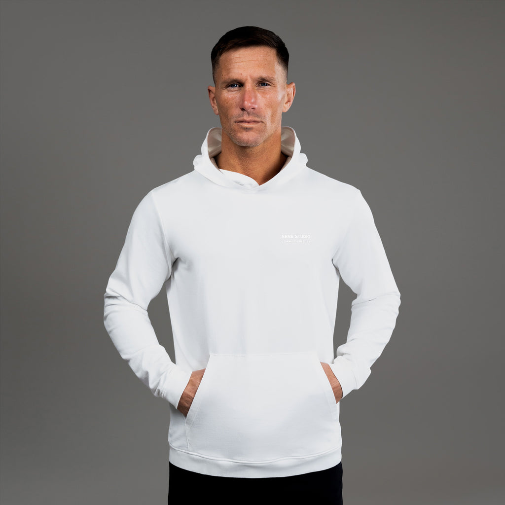 men's custom hoodie model Tyler in White