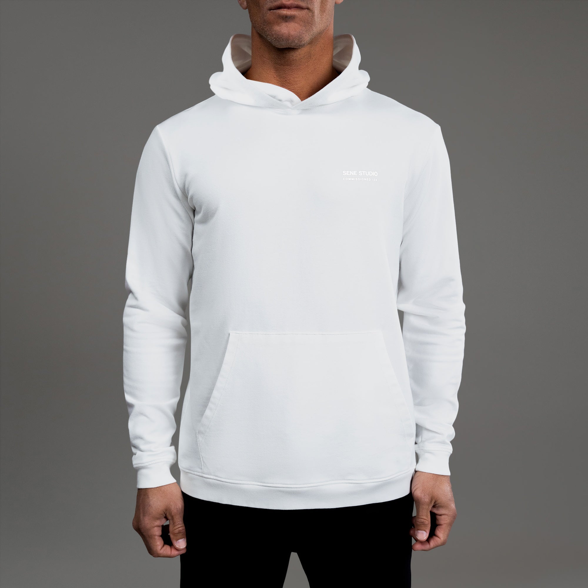 men's custom hoodie model Tyler in White
