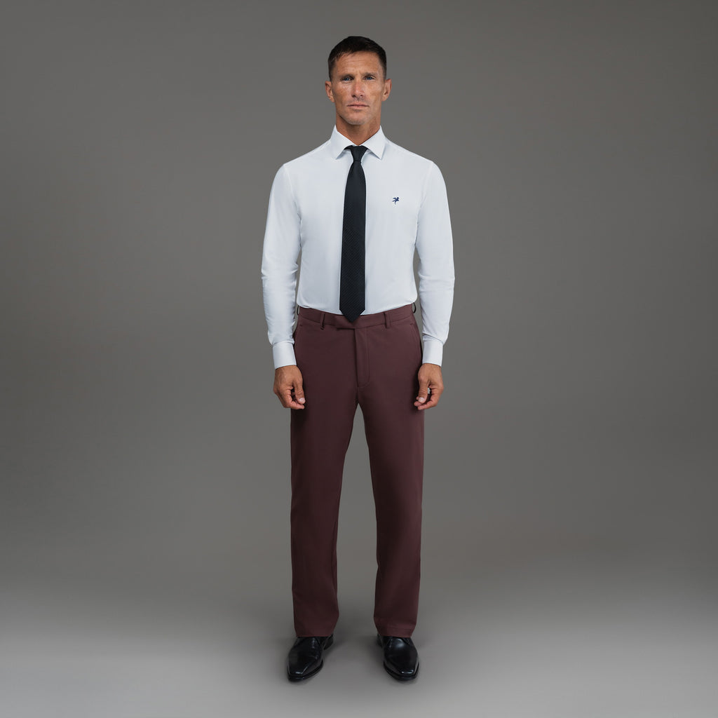 bespoke custom trousers pant chino performance technical model Tyler in Maroon