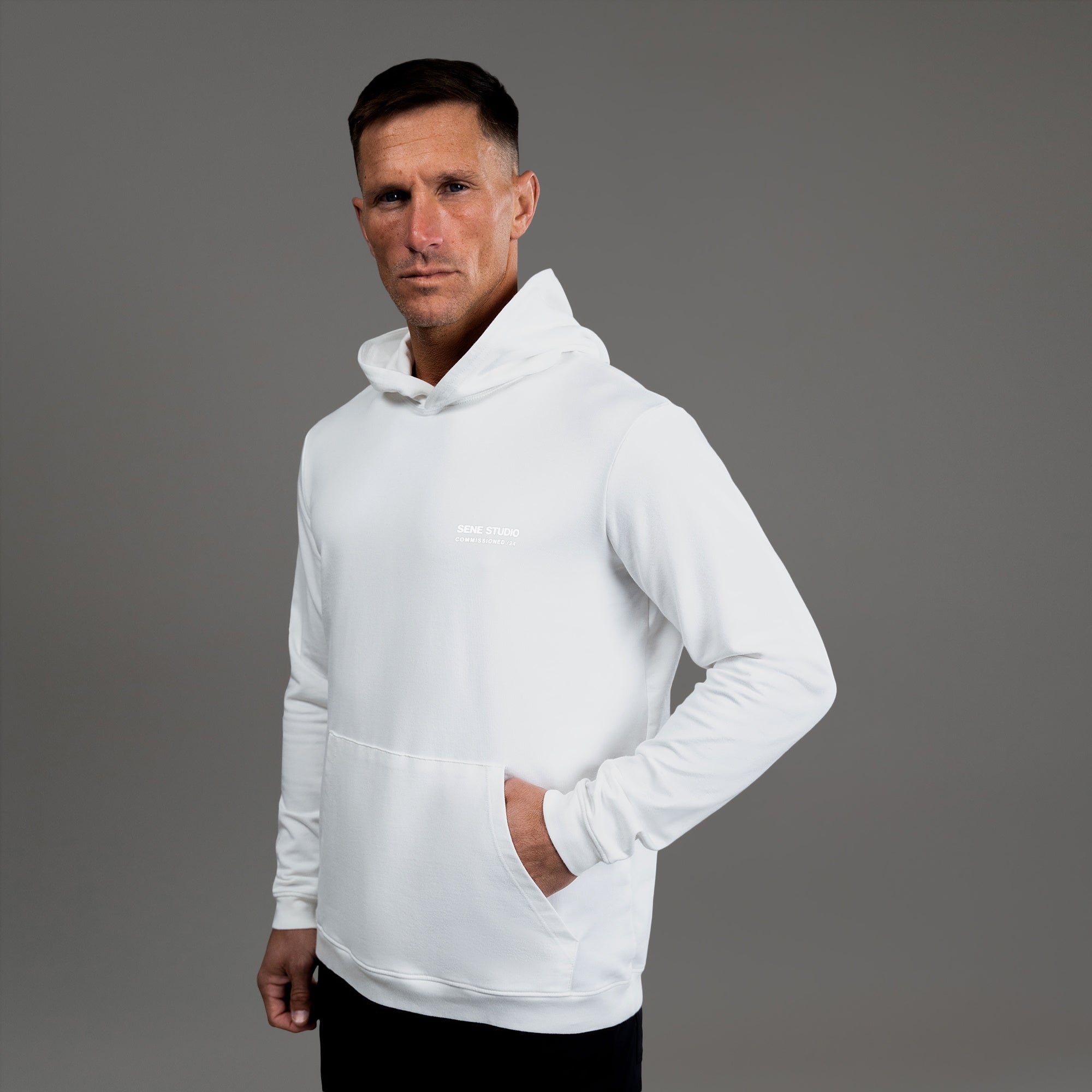 men's custom hoodie model Tyler in White