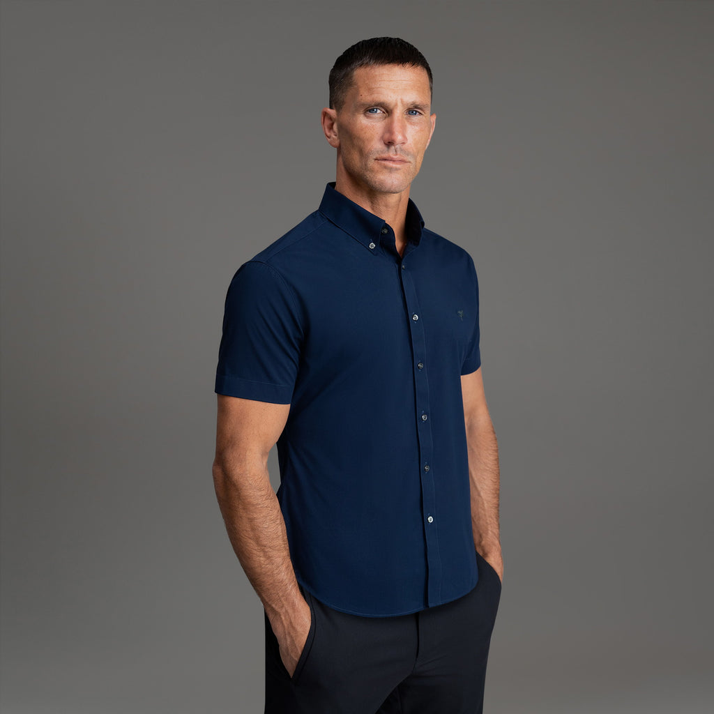 Custom Bespoke Tailored Spread Shirt model Tyler in Navy Emblem
