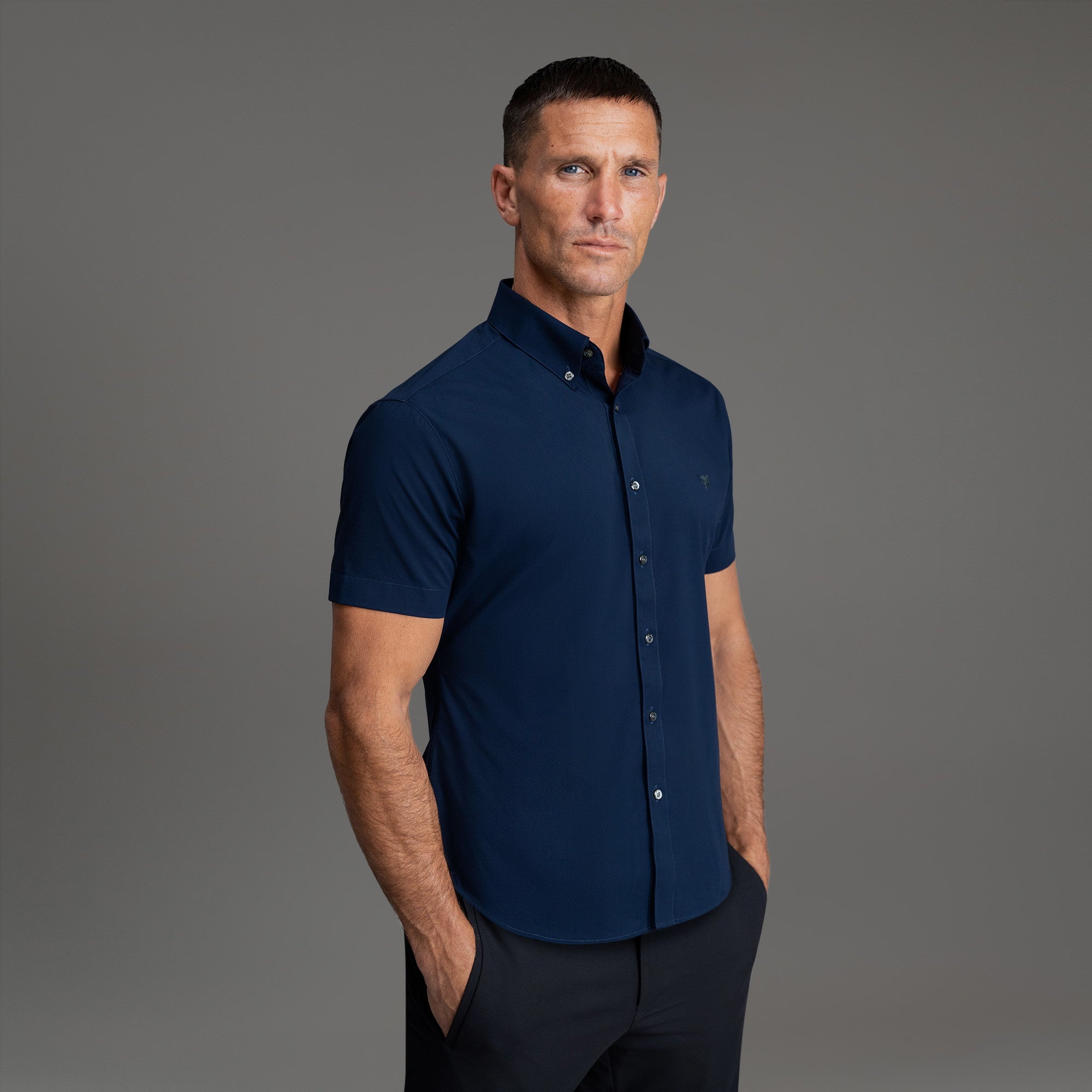 Custom Bespoke Tailored Spread Shirt model Tyler in Navy Emblem