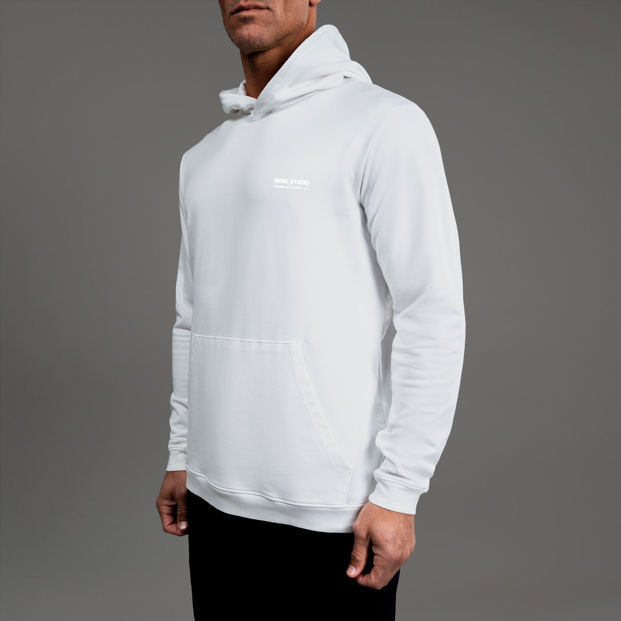 men's custom hoodie model Tyler in White