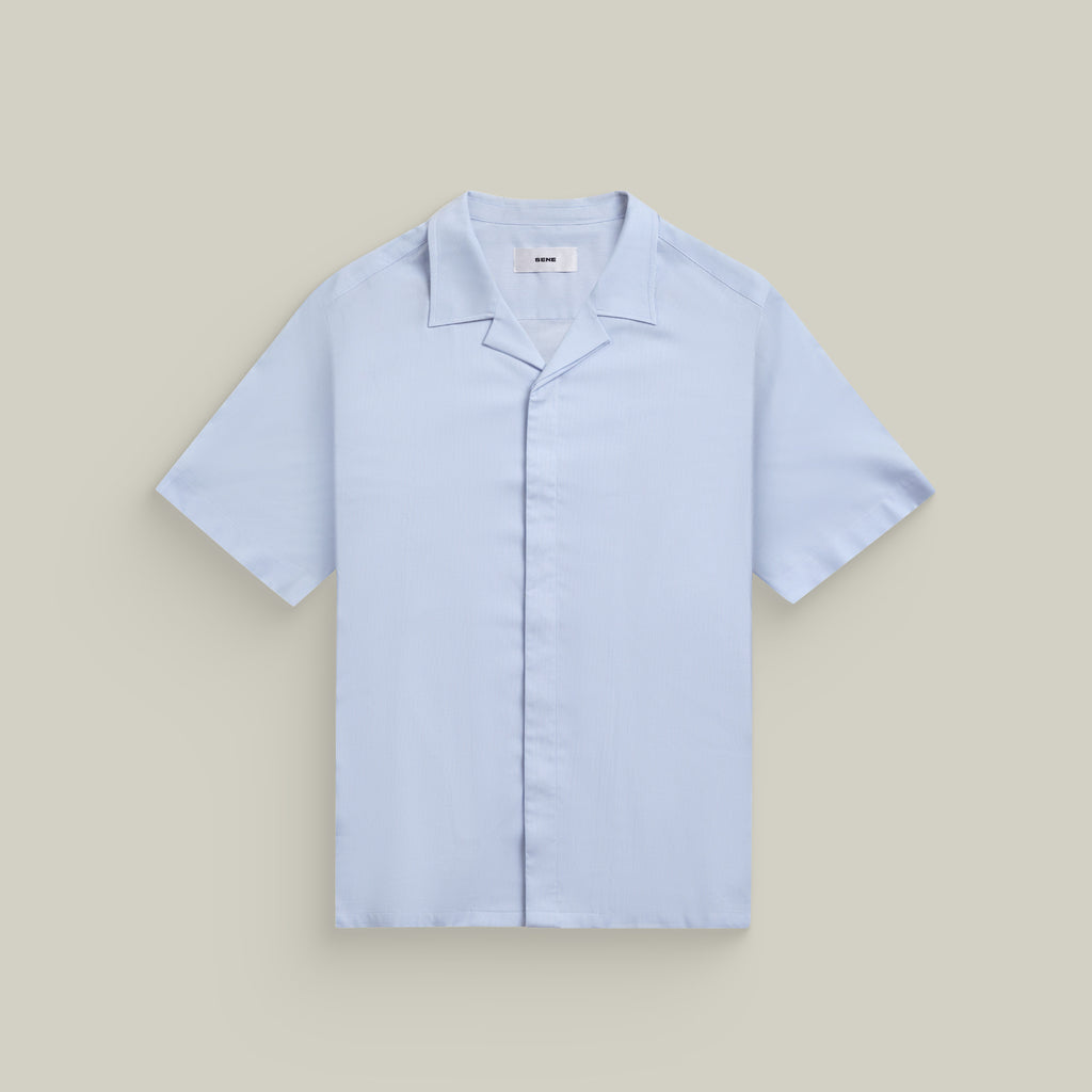 Bamboo Camp Shirt model Tyler in Pacific Mini Stripe