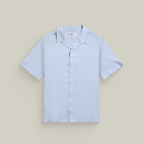 Bamboo Camp Shirt model Tyler in Pacific Mini Stripe