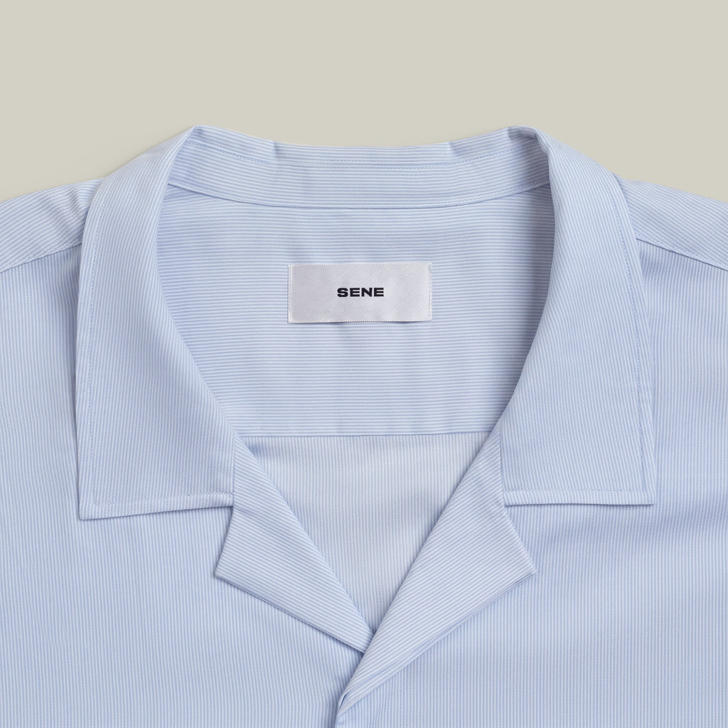 Bamboo Camp Shirt model Tyler in Pacific Mini Stripe