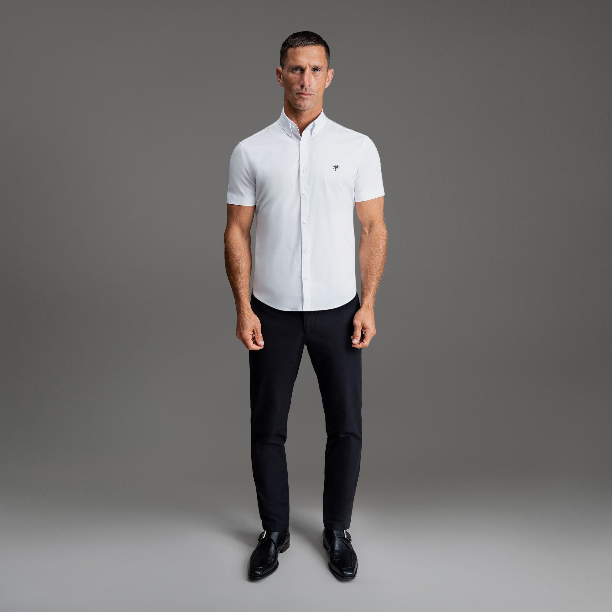 Custom Bespoke Tailored Spread Shirt model Tyler in White Emblem