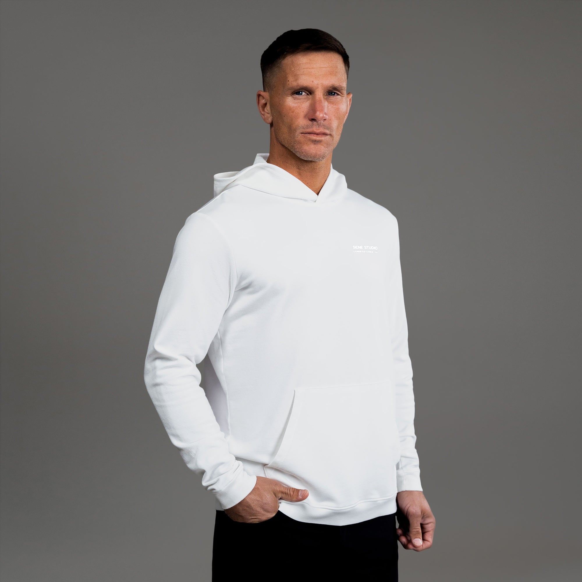 men's custom hoodie model Tyler in White