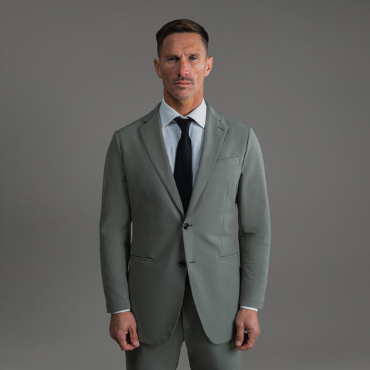 Tags:(6'0"|180 lbs) Bespoke custom athleisure technical men's suit los angeles model Tyler in Sage Gray