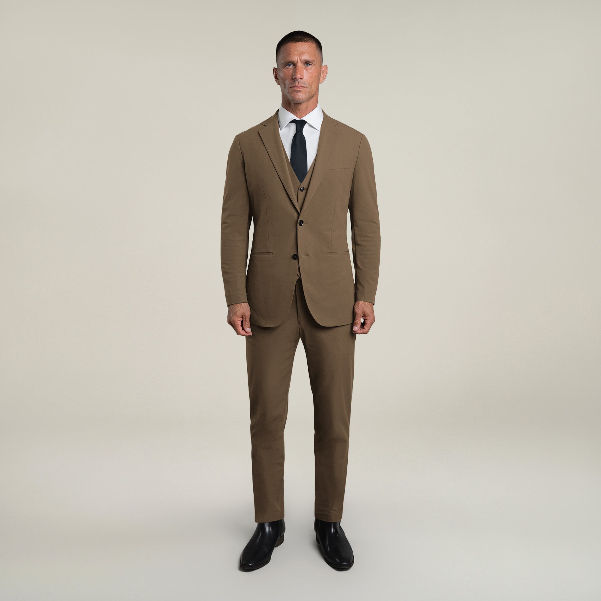 Tags:(6'0"|180 lbs) Bespoke custom athleisure technical men's suit los angeles model Tyler in Teak