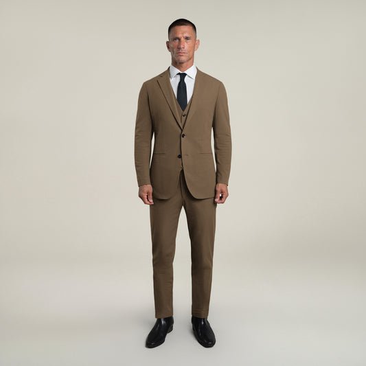 Tags:(6'0"|180 lbs) Bespoke custom athleisure technical men's suit los angeles model Tyler in Teak