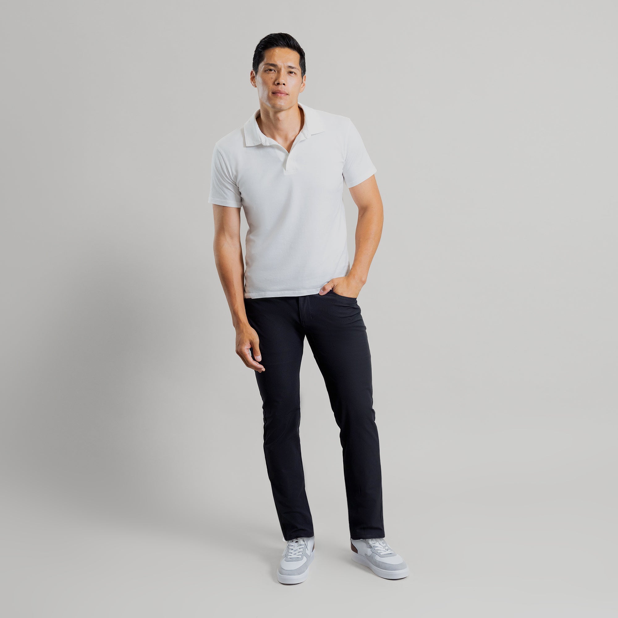 custom tech performance stretch pants model Tim in Black