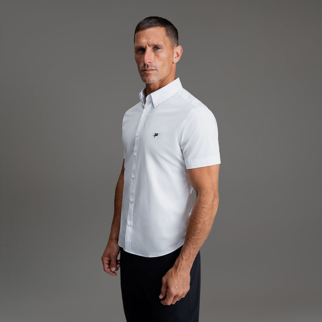 Custom Bespoke Tailored Spread Shirt model Tyler in White Emblem