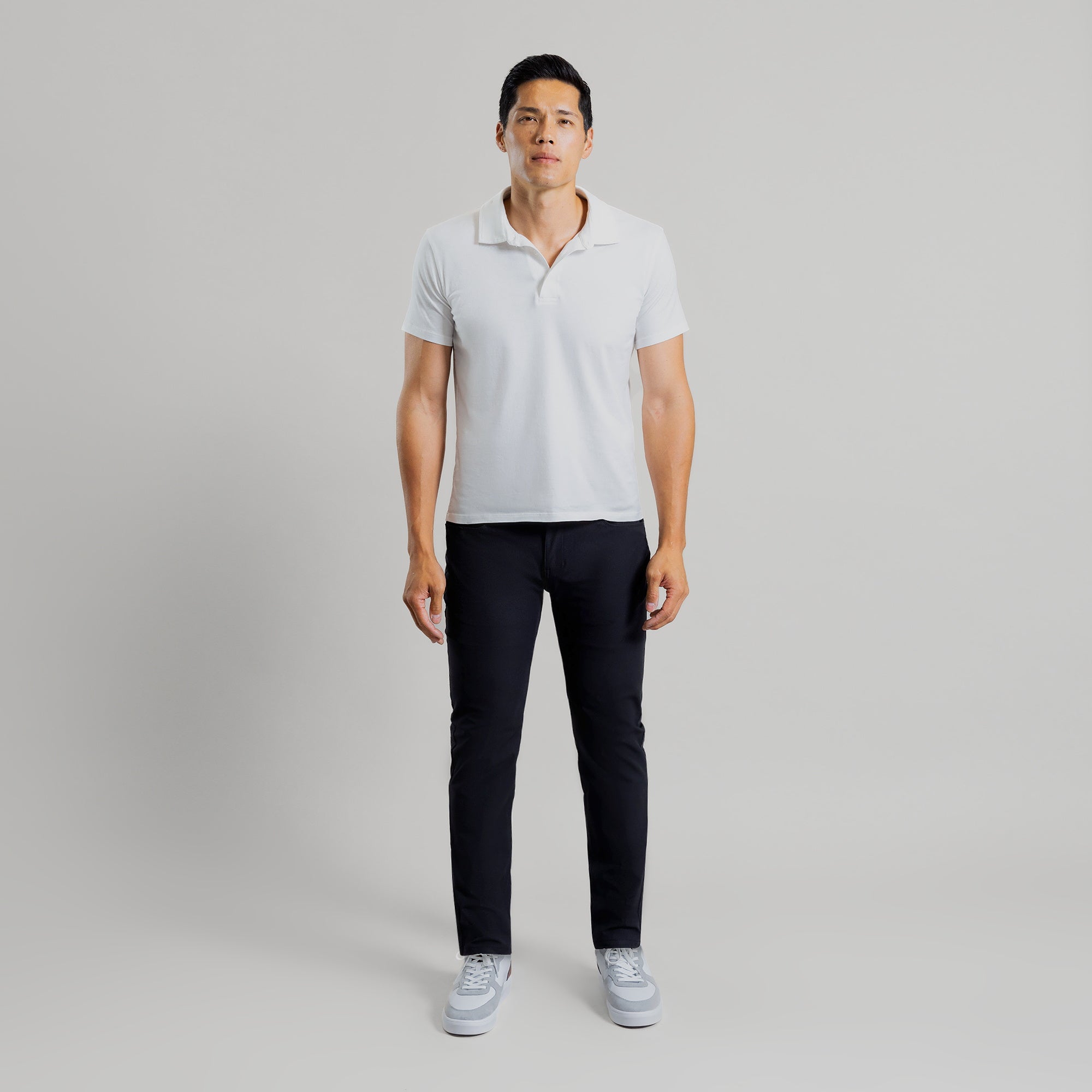 custom tech performance stretch pants model Tim in Black