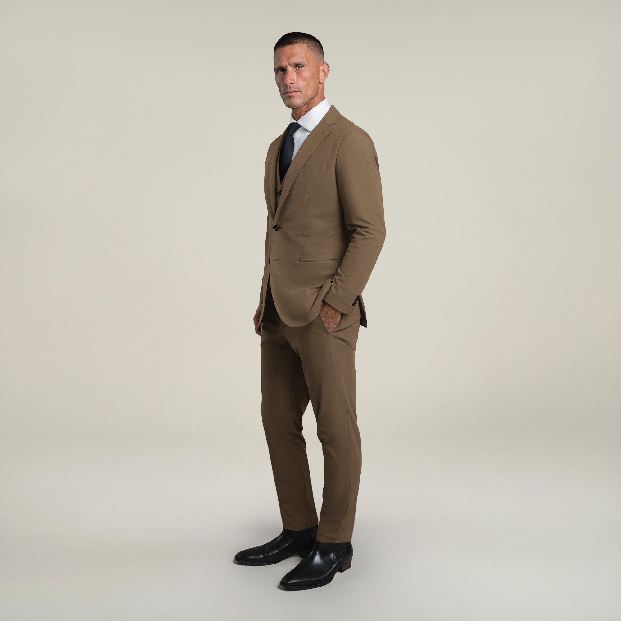 Tags:(6'0"|180 lbs) Bespoke custom athleisure technical men's suit los angeles model Tyler in Teak
