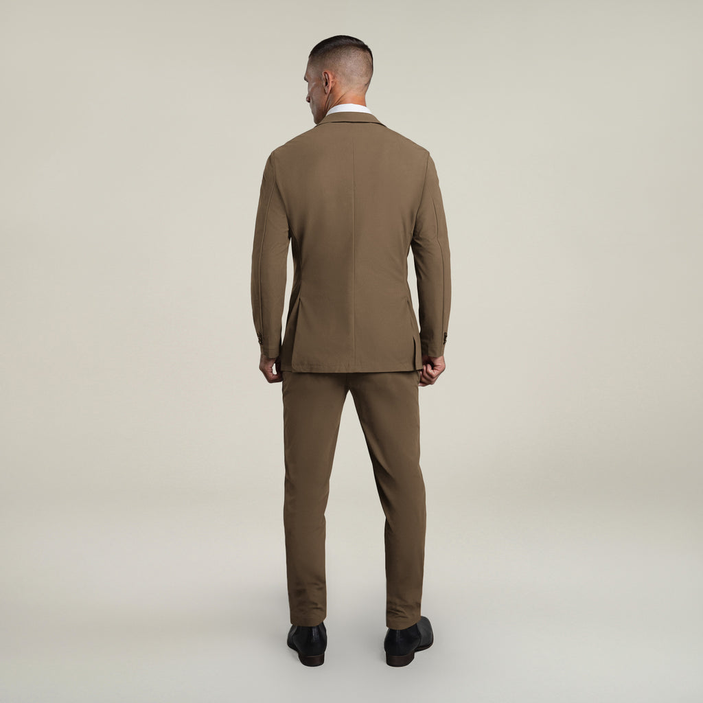 Tags:(6'0"|180 lbs) Bespoke custom athleisure technical men's suit los angeles model Tyler in Teak