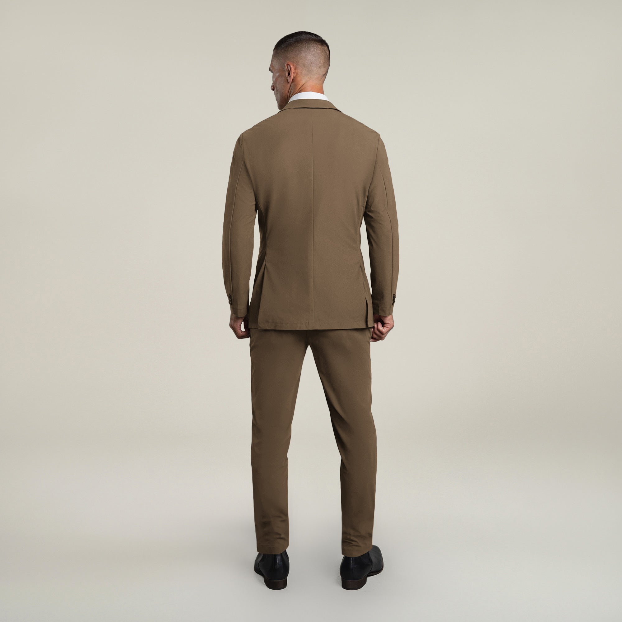 Tags:(6'0"|180 lbs) Bespoke custom athleisure technical men's suit los angeles model Tyler in Teak