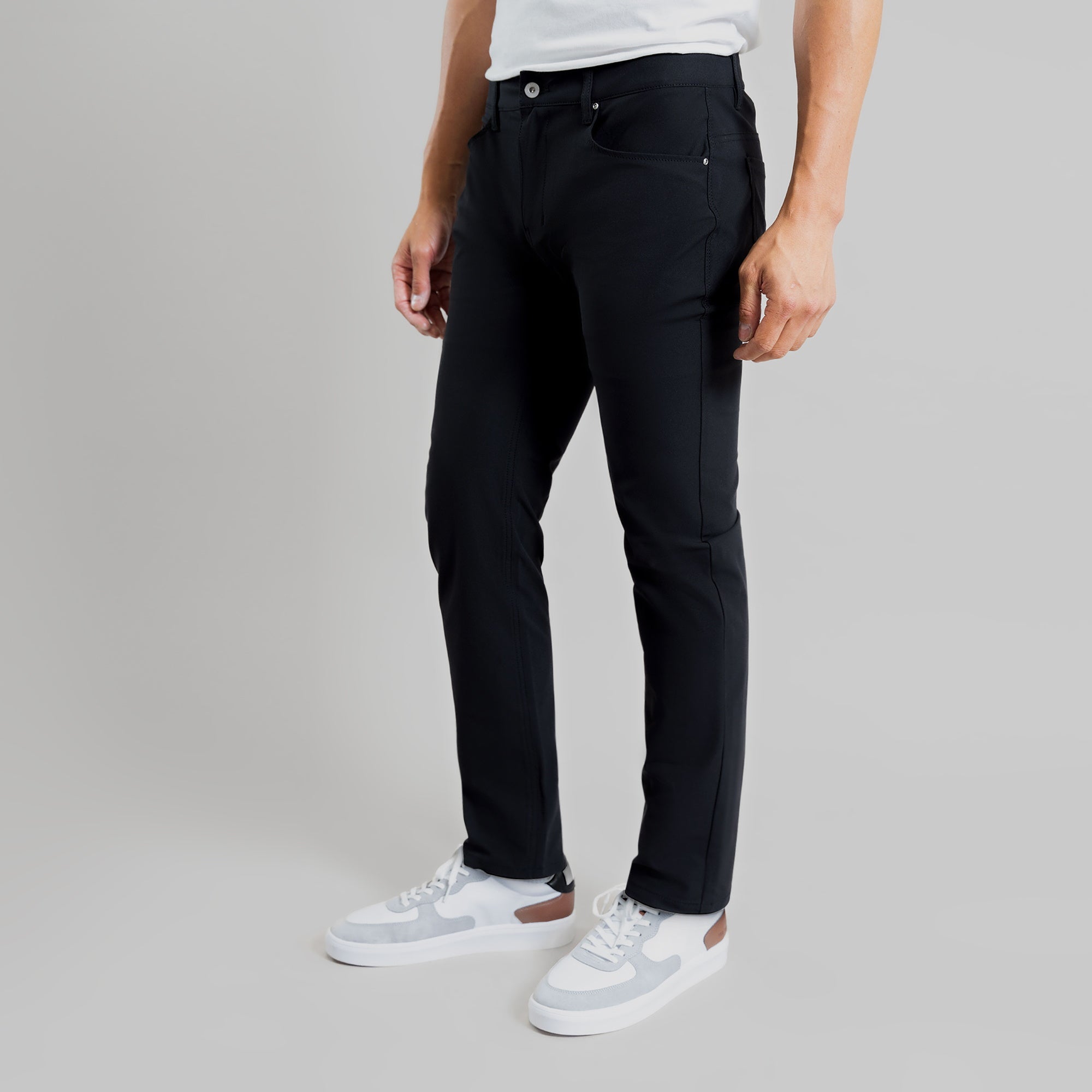 custom tech performance stretch pants model Tim in Black