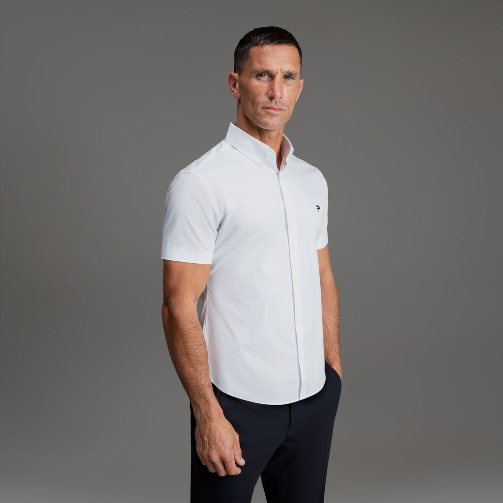 Custom Bespoke Tailored Spread Shirt model Tyler in White Emblem