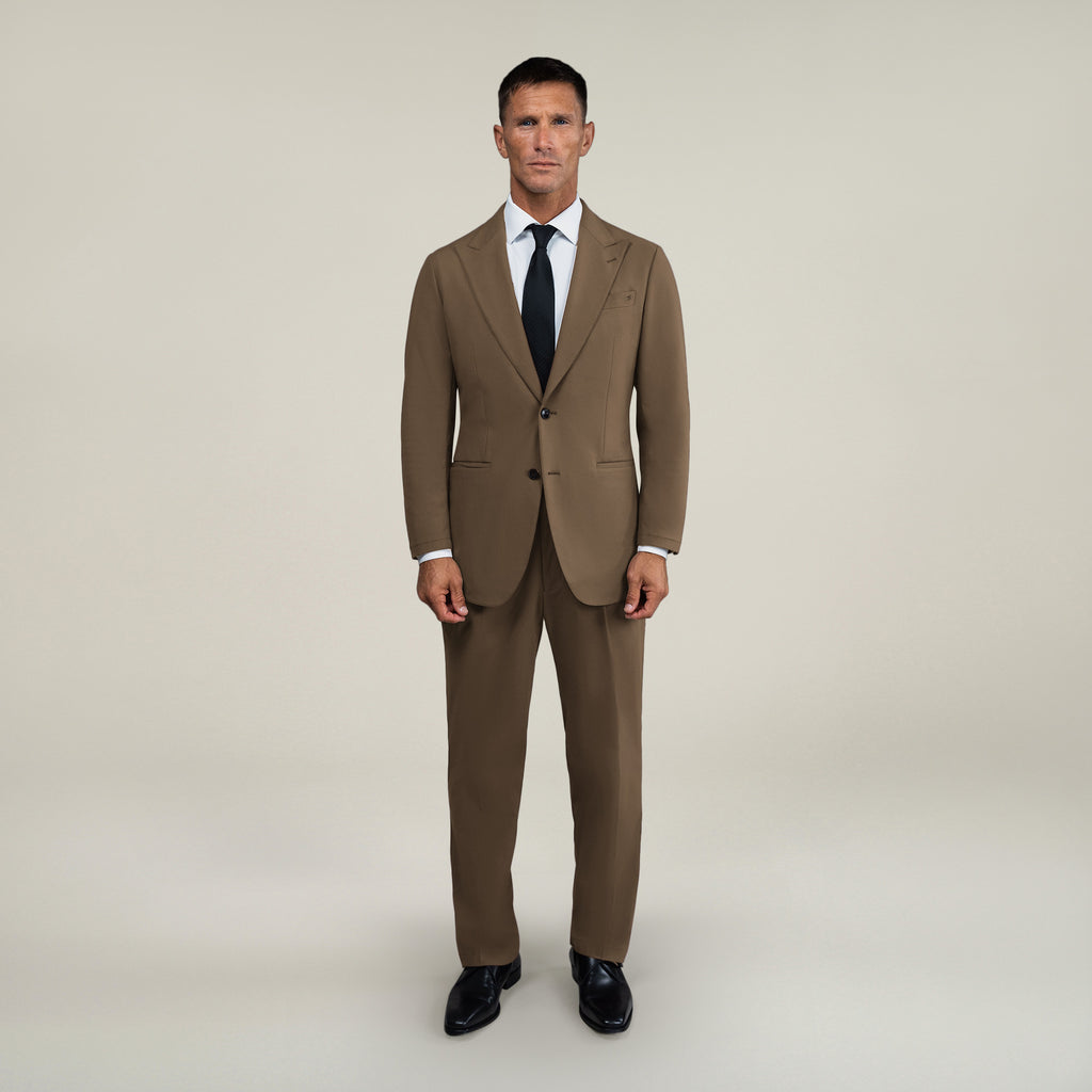 Tags:(6'0"|180 lbs) Bespoke custom athleisure technical men's suit los angeles model Tyler in Teak