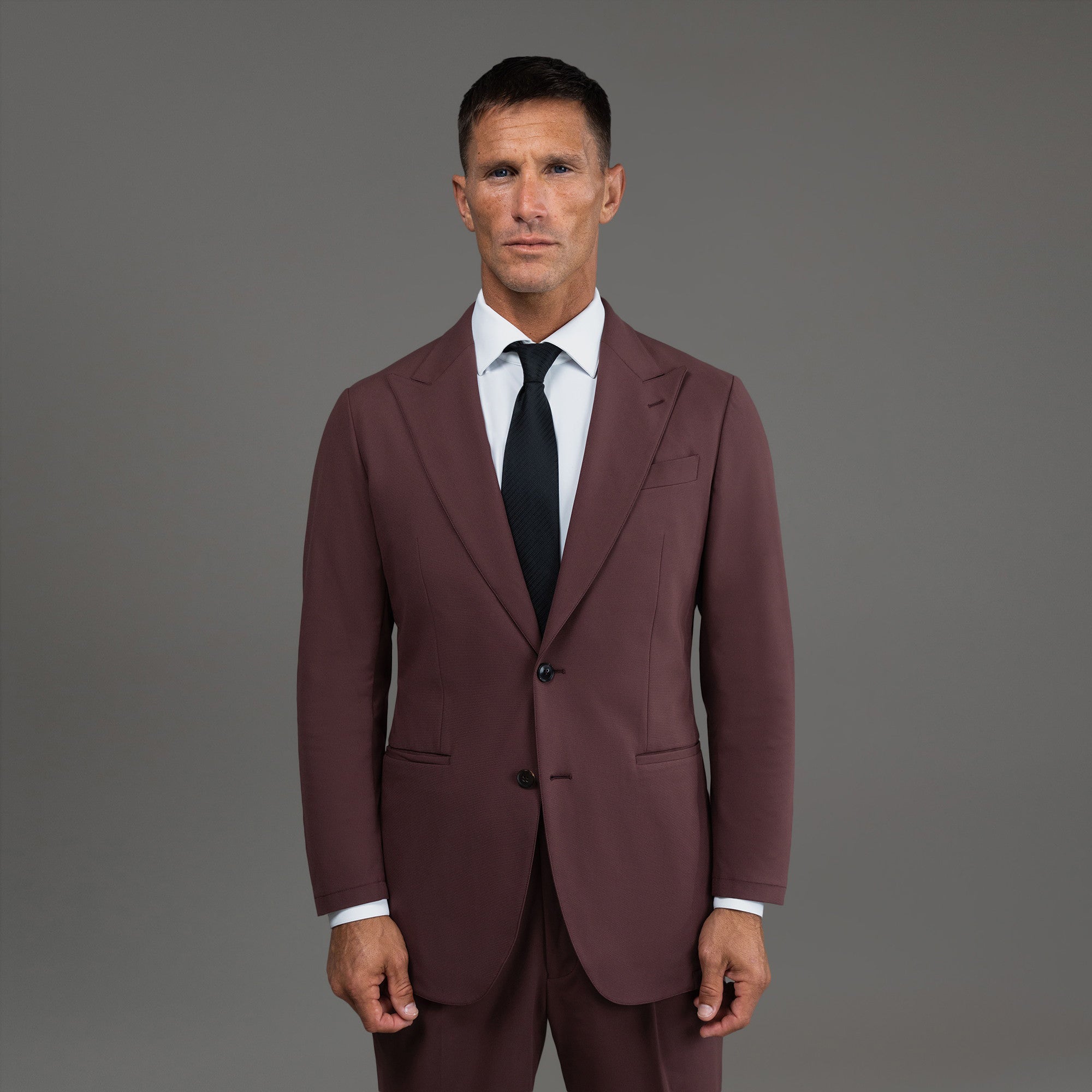 Custom Peak Lapel Tuxedo model Tyler in Maroon