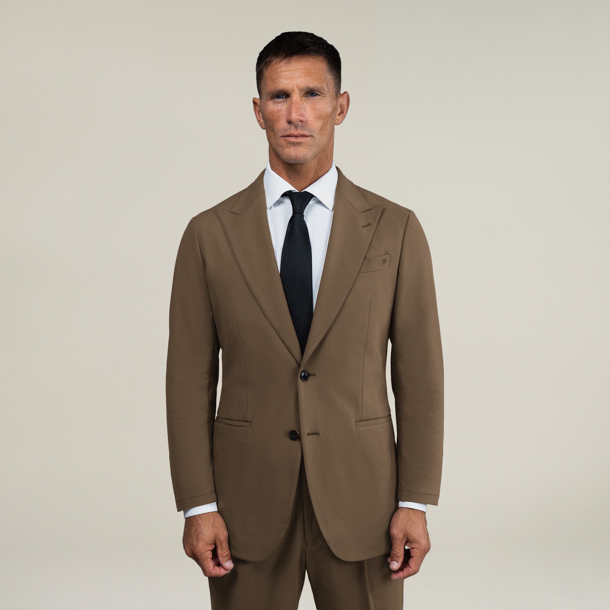 Tags:(6'0"|180 lbs) Bespoke custom athleisure technical men's suit los angeles model Tyler in Teak