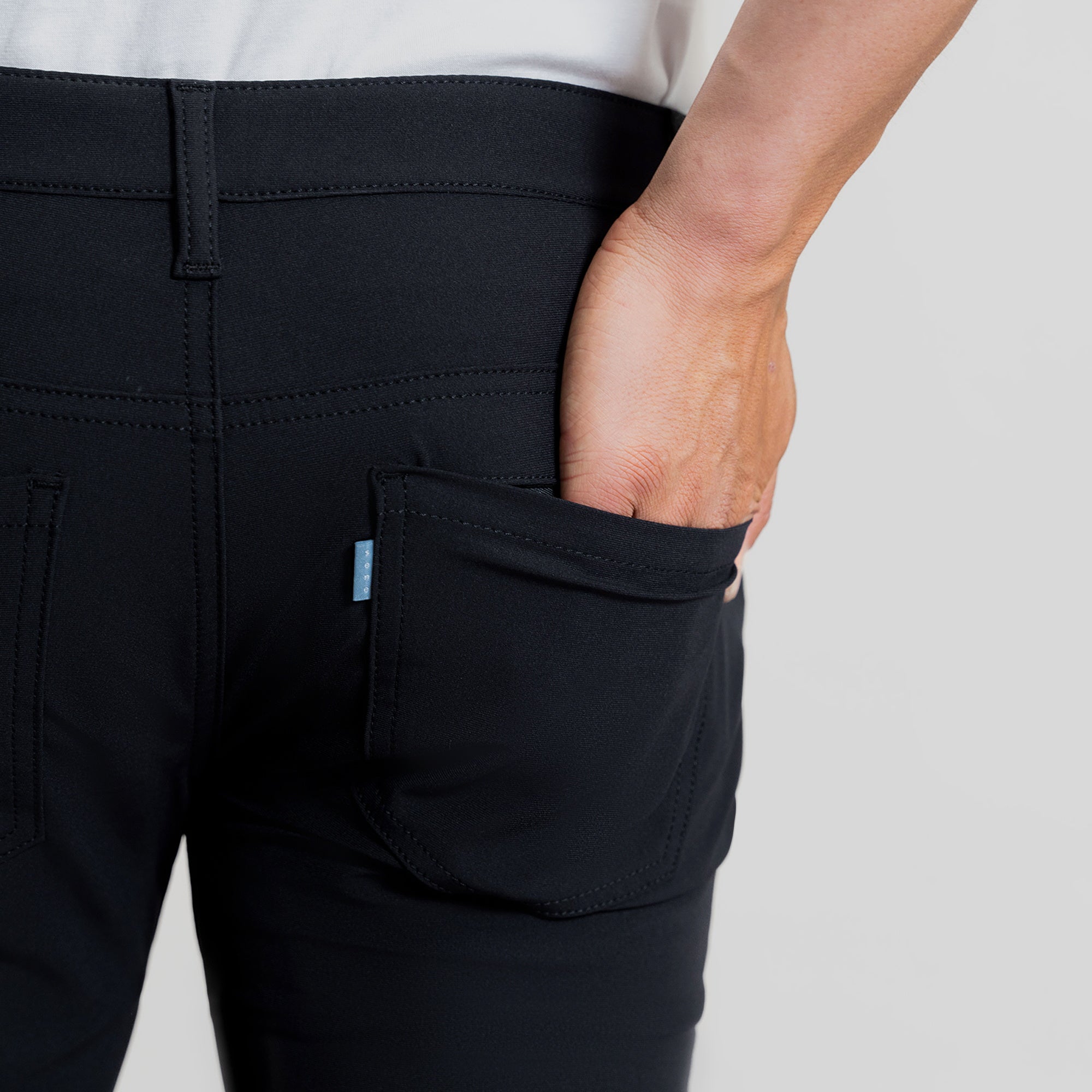 custom tech performance stretch pants model Tim in Black