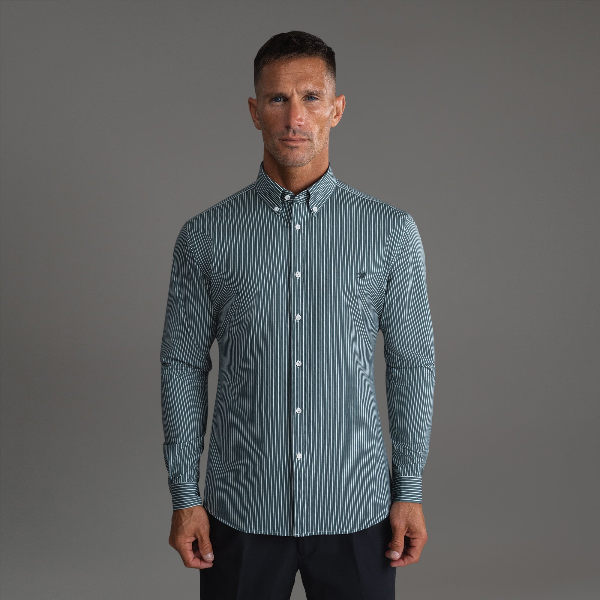 Custom Bespoke Tailored Mercer Shirt model Tyler in Forest Wide Stripe