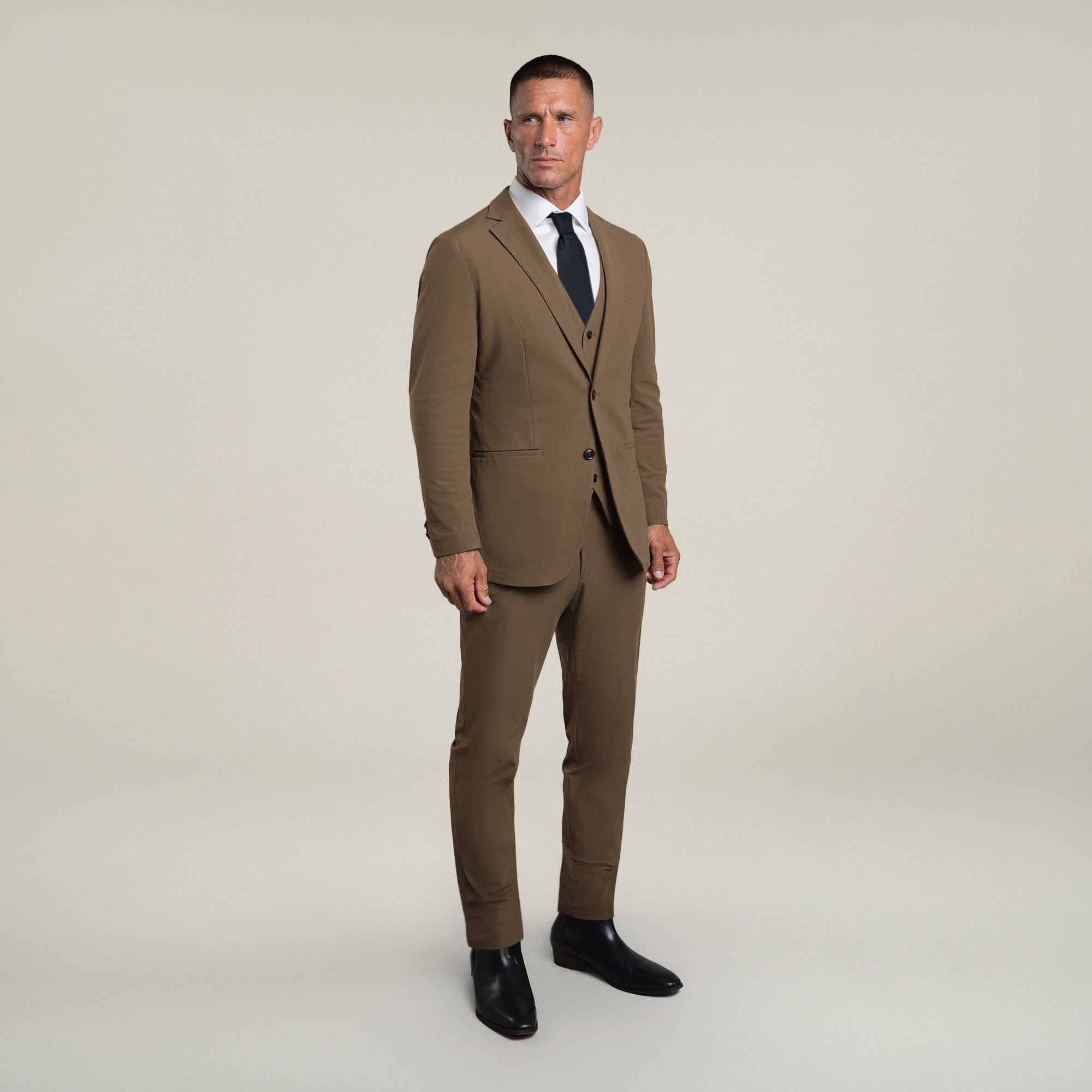 Tags:(6'0"|180 lbs) Bespoke custom athleisure technical men's suit los angeles model Tyler in Teak