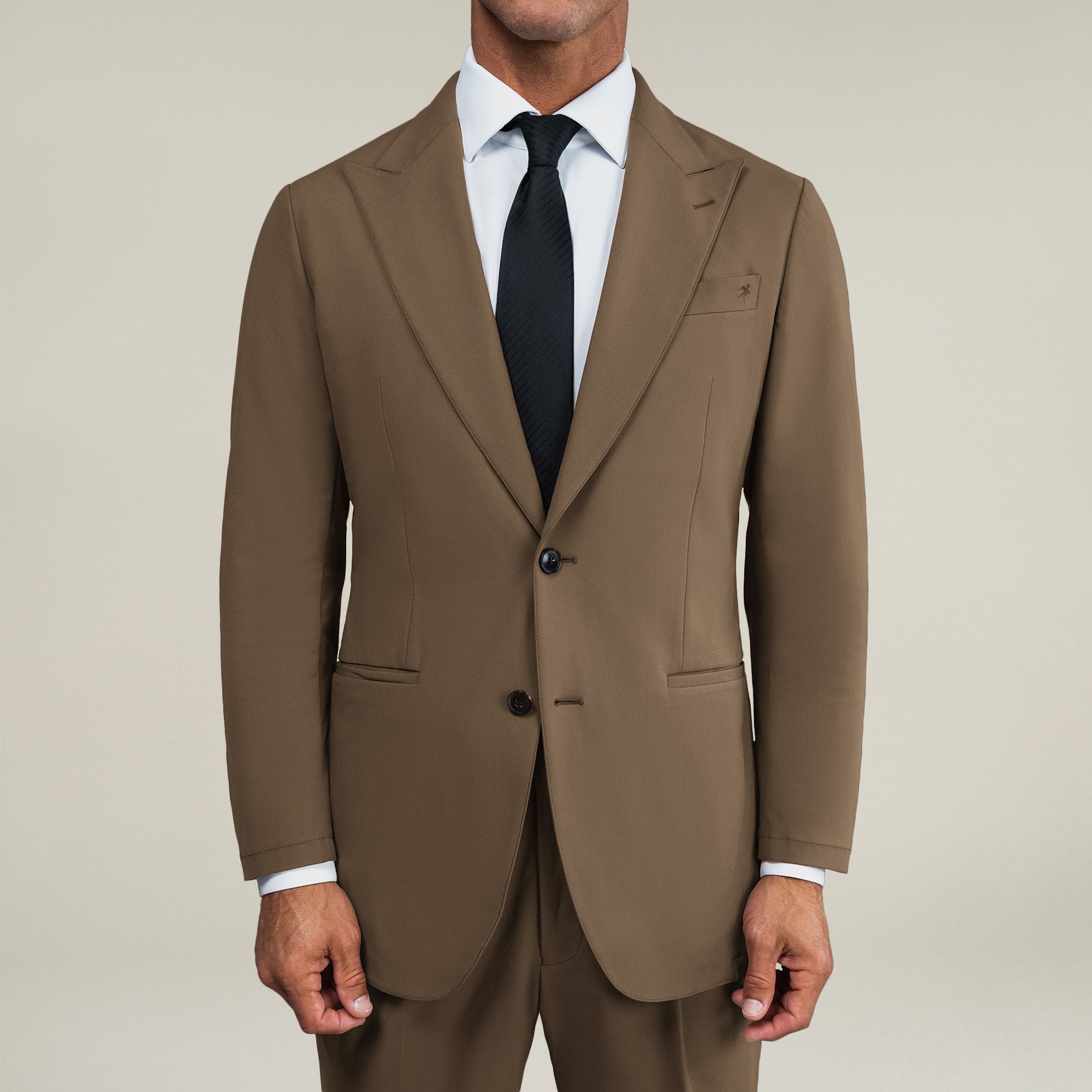 Tags:(6'0"|180 lbs) Bespoke custom athleisure technical men's suit los angeles model Tyler in Teak