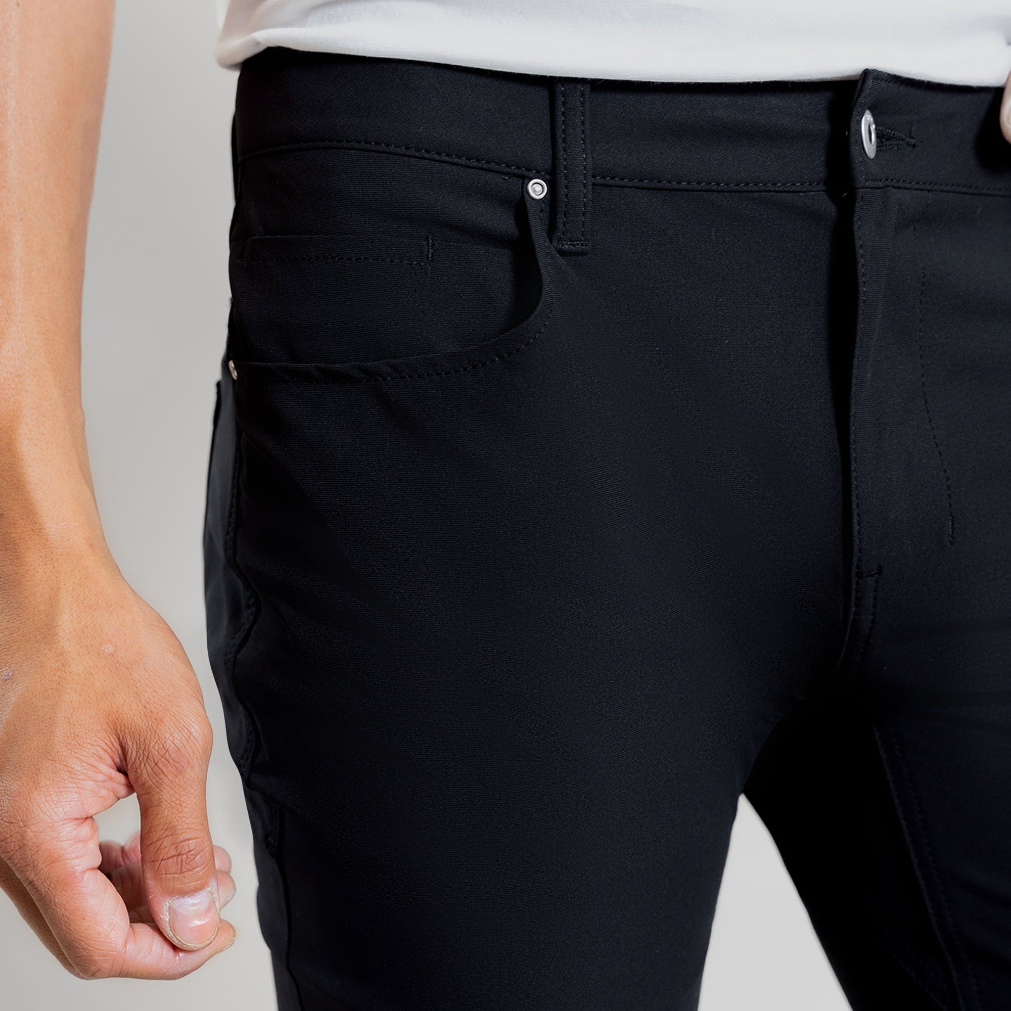 custom tech performance stretch pants model Tim in Black