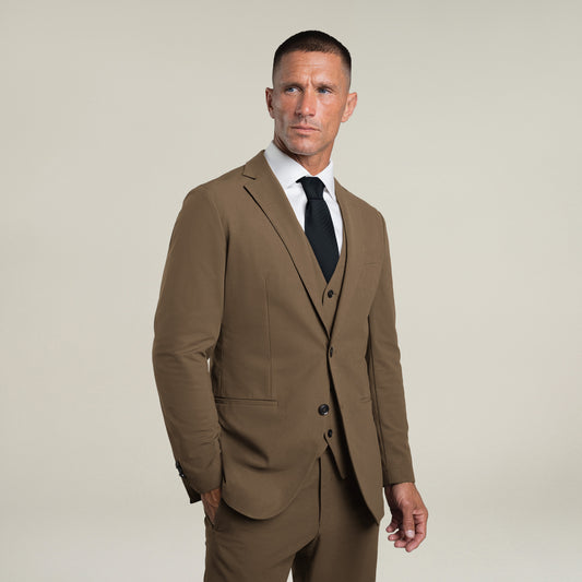 Tags:(6'0"|180 lbs) Bespoke custom athleisure technical men's suit los angeles model Tyler in Teak