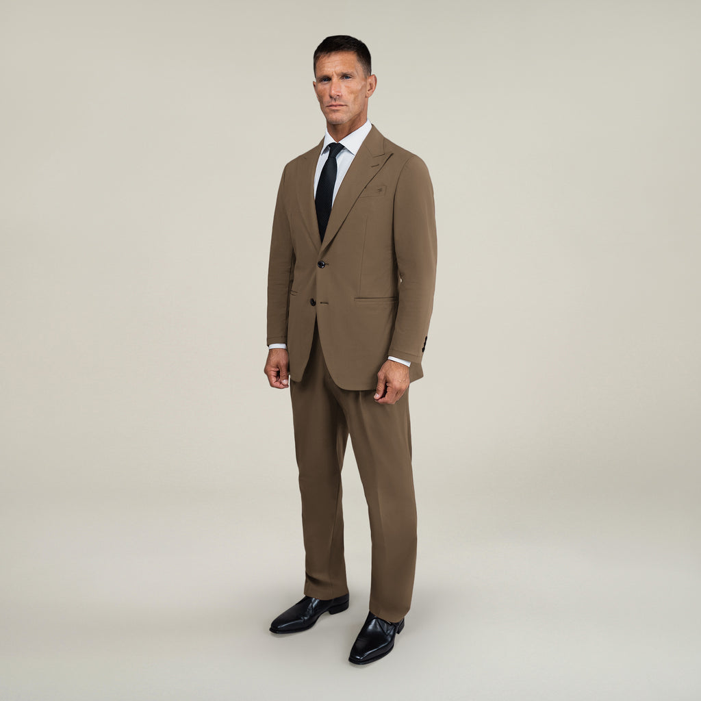 Tags:(6'0"|180 lbs) Bespoke custom athleisure technical men's suit los angeles model Tyler in Teak