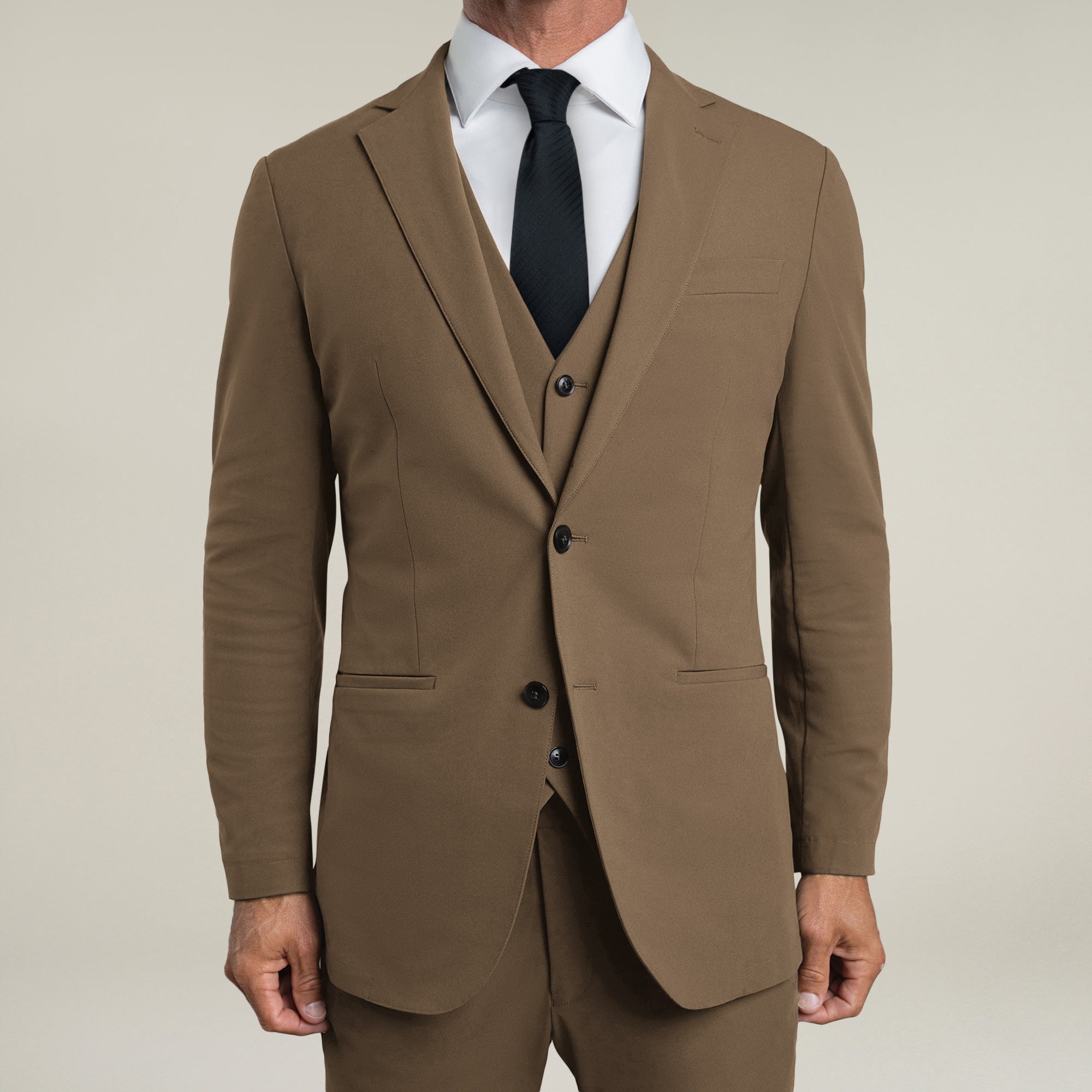 Tags:(6'0"|180 lbs) Bespoke custom athleisure technical men's suit los angeles model Tyler in Teak