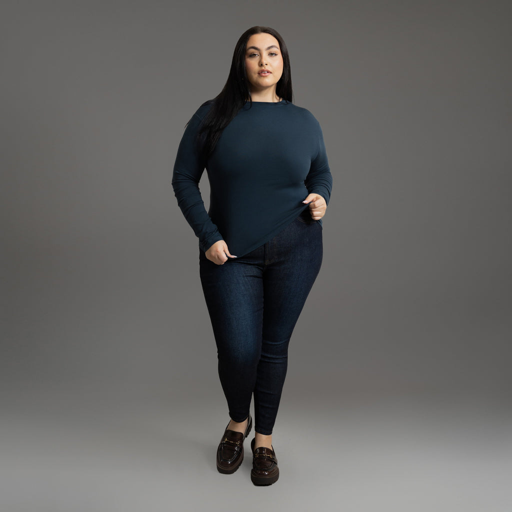 Custom longsleeve t-shirt on model Averi in Deep Sea