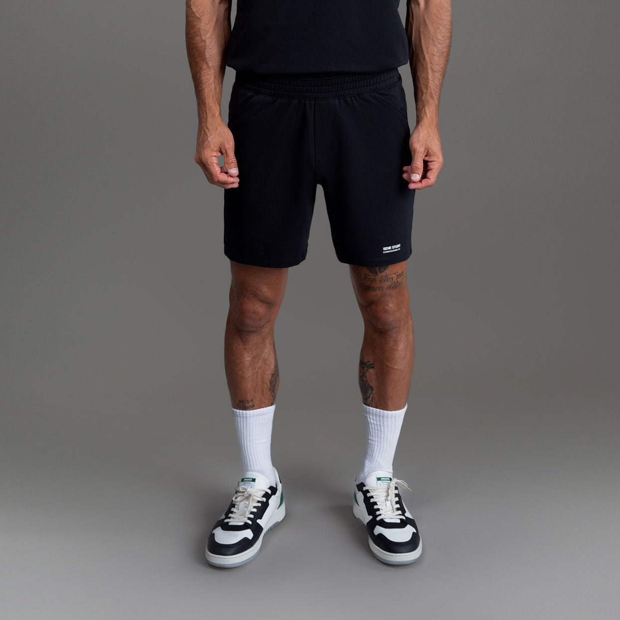 Custom bespoke shorts athleisure athletic build model Tyler in Black
