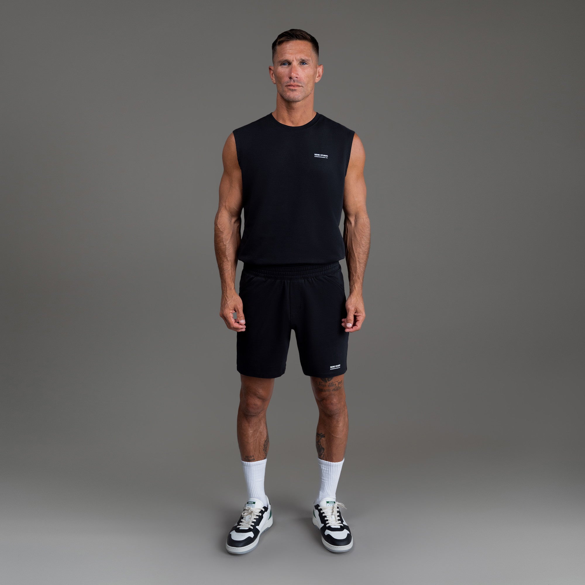 Custom bespoke shorts athleisure athletic build model Tyler in Black