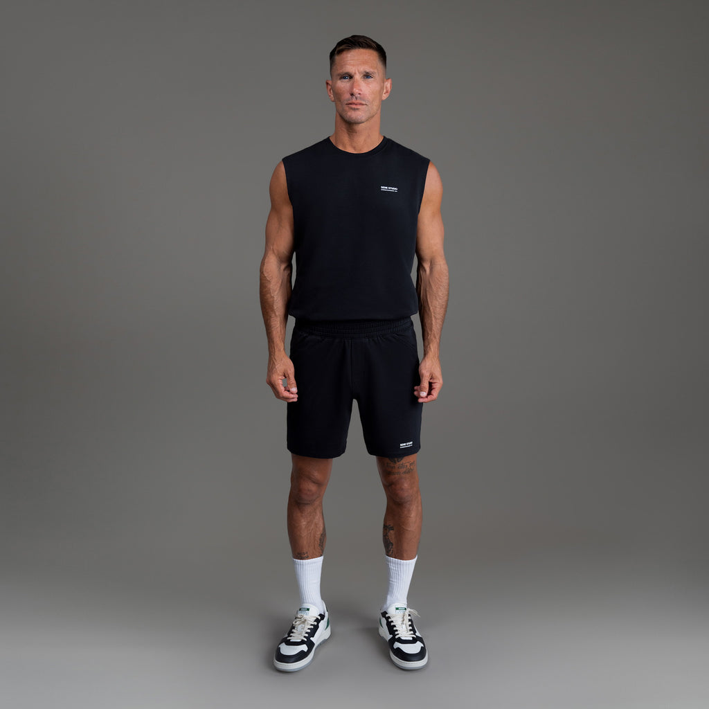 Custom bespoke shorts athleisure athletic build model Tyler in Black