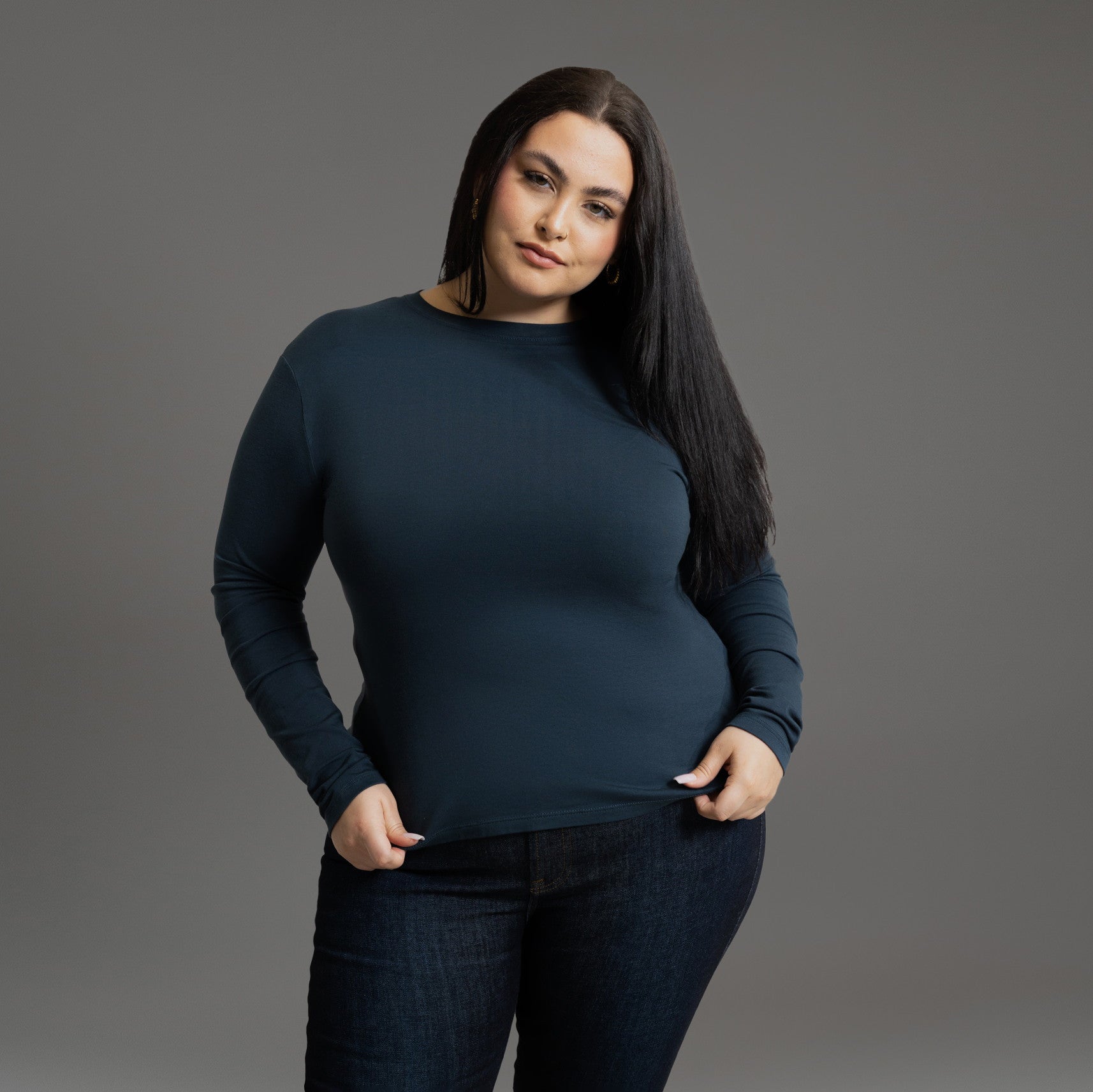 Custom longsleeve t-shirt on model Averi in Deep Sea