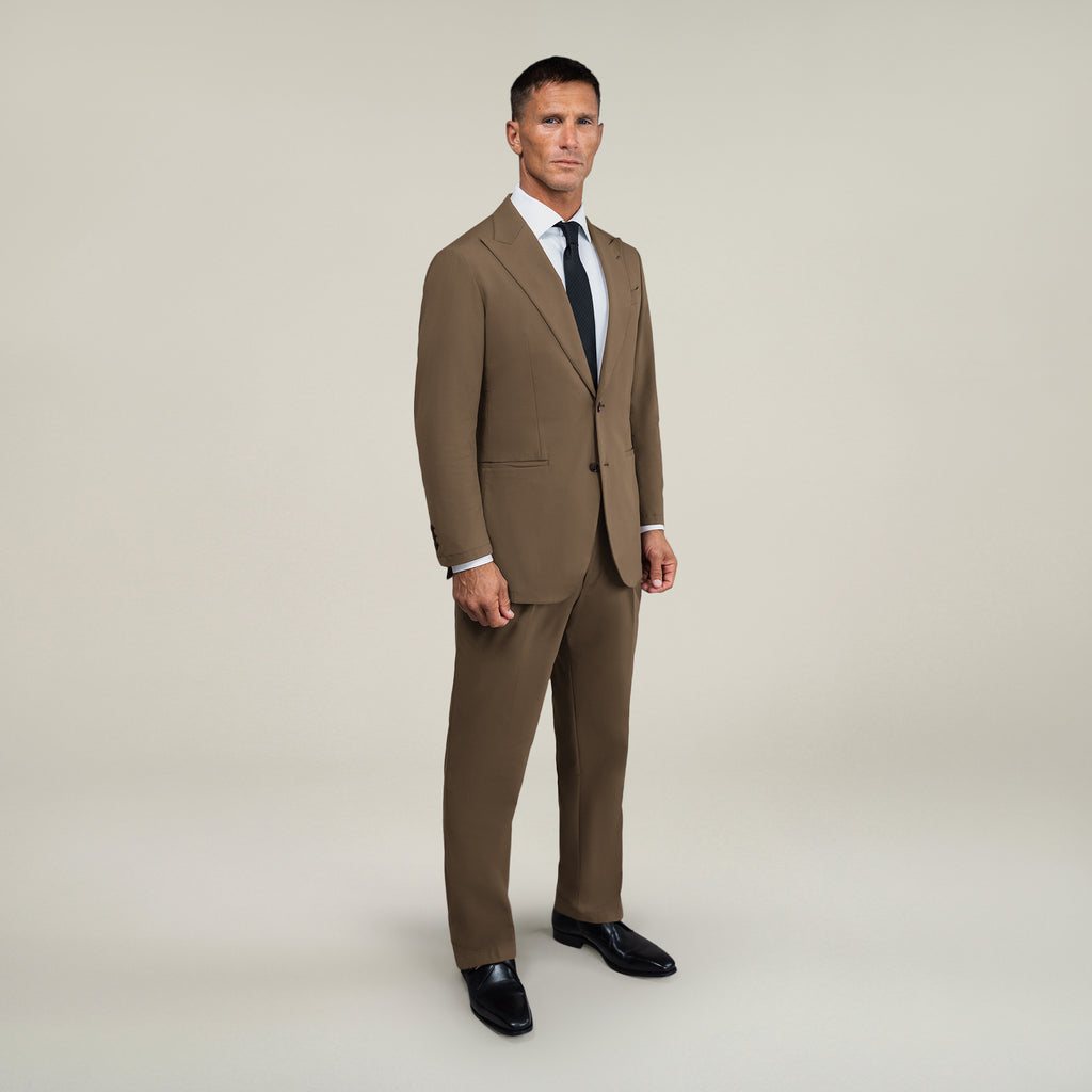 Tags:(6'0"|180 lbs) Bespoke custom athleisure technical men's suit los angeles model Tyler in Teak