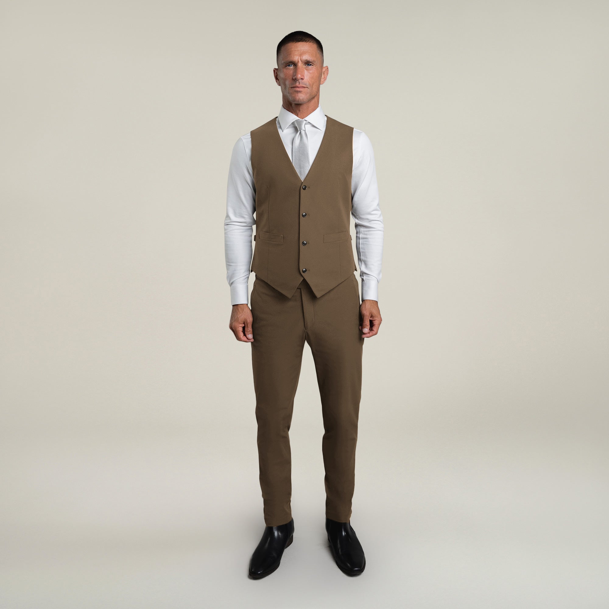 Tags:(6'0"|180 lbs) Bespoke custom athleisure technical men's suit los angeles model Tyler in Teak