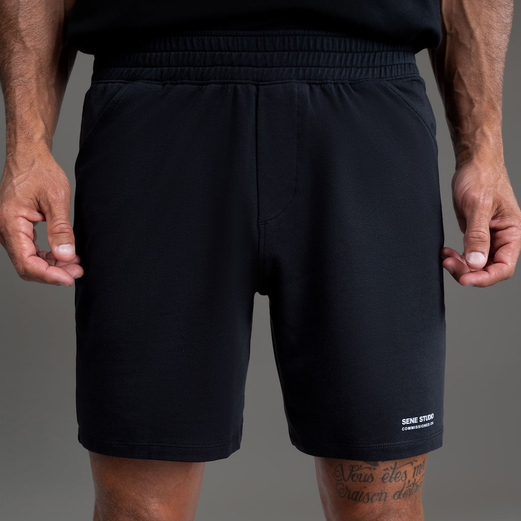 Custom bespoke shorts athleisure athletic build model Tyler in Black