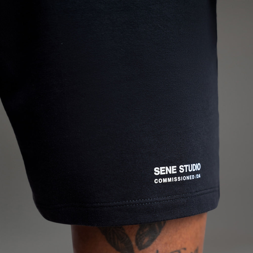 Custom bespoke shorts athleisure athletic build model Tyler in Black