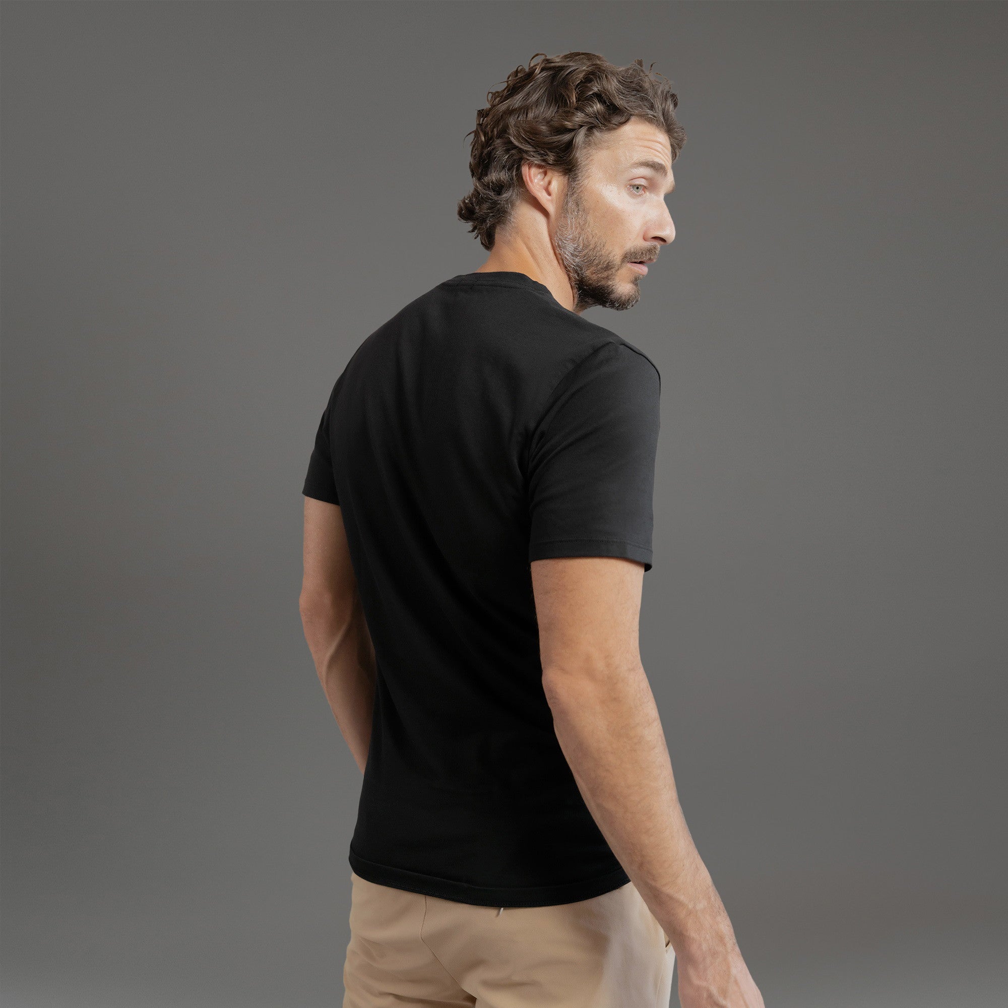 custom v-neck t-shirt los angeles model John in Black