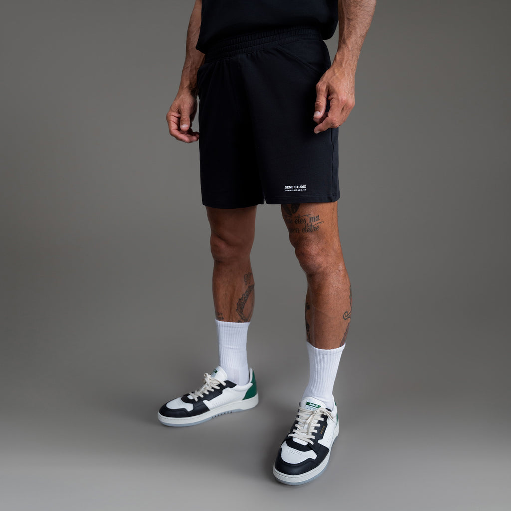 Custom bespoke shorts athleisure athletic build model Tyler in Black
