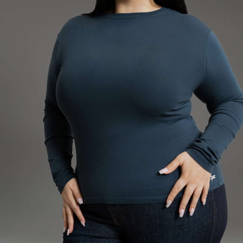 Custom longsleeve t-shirt on model Averi in Deep Sea